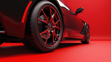 Elegant black sport car detail with stunning red rims against a red backdrop