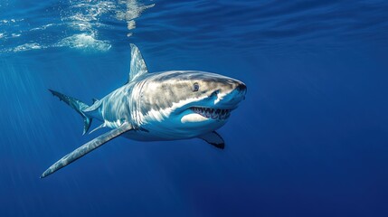 Fototapeta premium A great white shark swimming in deep blue ocean waters, its sharp teeth slightly visible