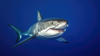 Naklejka premium A great white shark swimming in deep blue ocean waters, its sharp teeth slightly visible