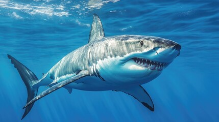 Fototapeta premium A great white shark swimming in deep blue ocean waters, its sharp teeth slightly visible