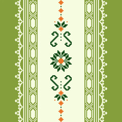 Cross Stitch Border. Embroidery Cross Stitch. Ethnic Patterns. Geometric Ethnic Indian pattern. Native Ethnic pattern.Texture Textile Fabric Clothing Knitwear print. Pixel Horizontal Seamless Vector.
