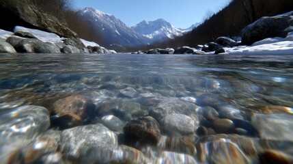 Crystal-clear mountain river flowing through rocks, with snow-capped peaks in the background.  A view from below the surface, showcasing the riverbed's detail