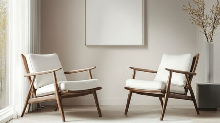 Two white armchairs with wooden frames in a minimalist living room with a blank canvas.