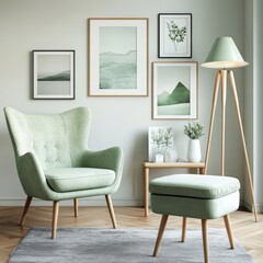 Elegant Interior with Light Green Armchair, Ottoman, and Matching Sofa