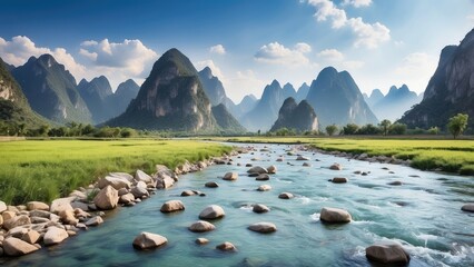 A scenic river landscape featuring lush greenery,