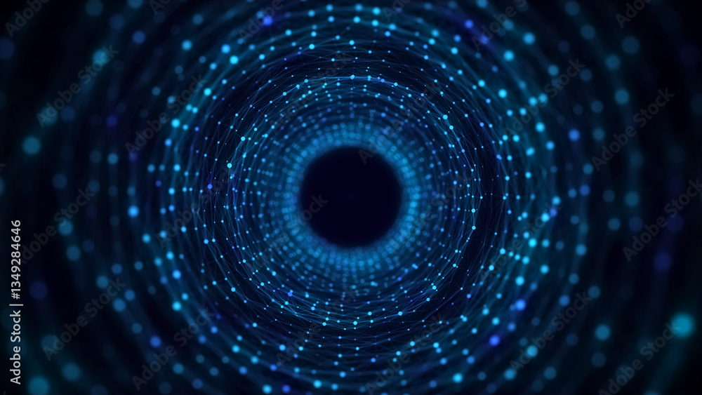 Poster cyber tunnel consisting of moving glowing points. futuristic infinite space background. concept of d