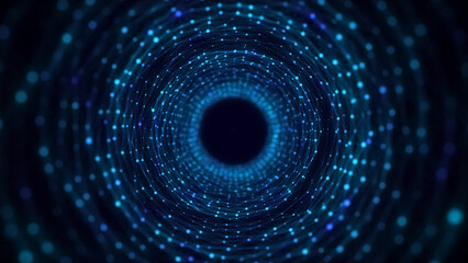 Cyber tunnel consisting of moving glowing points. Futuristic infinite space background. Concept of data transfer in cyberspace. Hi-tech illustration. 3d rendering.