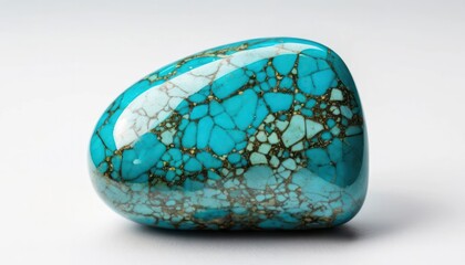 Close Up Image Of Polished Turquoise Gemstone With Gold Inclusions On White Background