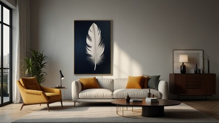 Modern living room featuring a feather art piece