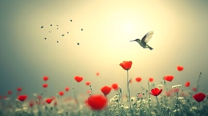Fototapeta premium A hummingbird flying above a field of red poppies in sunlight