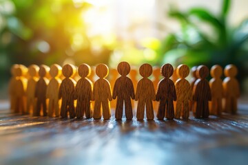 Group of Wooden Figurines Representing Unity and Collaboration in a Natural Setting with Blurred Green Background
