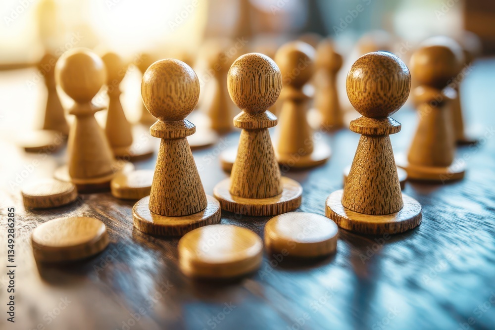 Poster close-up of wooden game pieces on a rustic table surface with warm natural light highlighting the sm