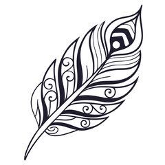 Decorative peacock feather drawing for boho-style stationery design, tattoo inspiration, spiritual blogs and artistic clipart collections

