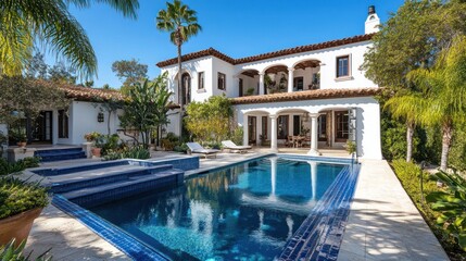 Fototapeta premium Mediterranean Villa with Luxurious Pool and Lush Landscaping