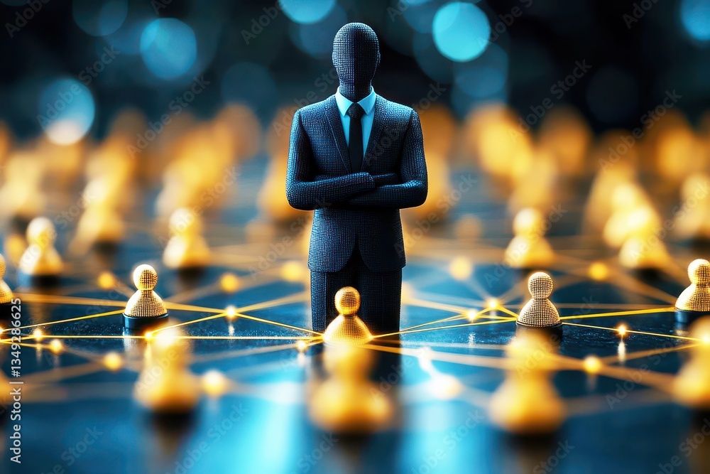 Poster abstract concept of leadership and connections in a digital network with a lone figure representing 