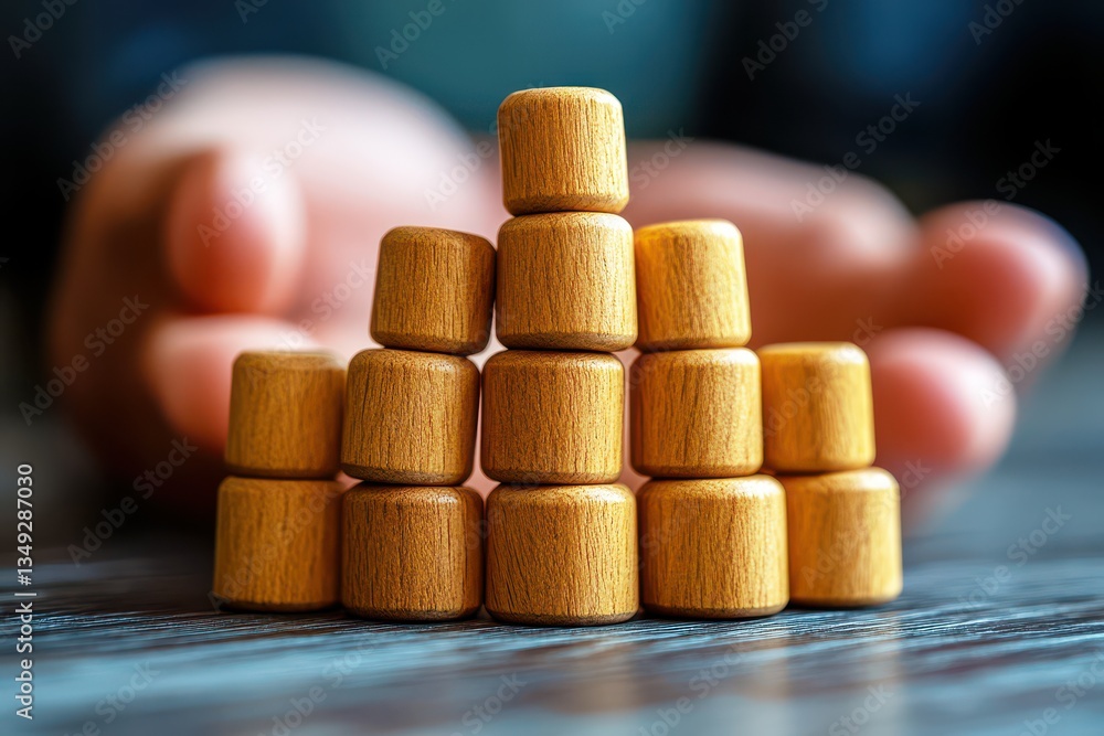 Poster stacked wooden blocks on a rustic table with a blurred hand in the background showcasing creativity,