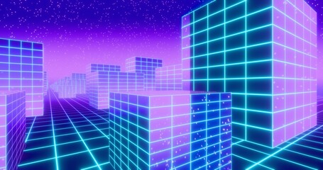 Fototapeta premium Futuristic glowing neon wireframe background. Shining grid planes and buildings in perspective. Bright retro digital horizon against starry sky. 3D rendering.