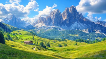 Fototapeta premium Majestic Mountain Landscape in the Dolomites: A Serene Summer Day