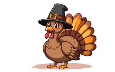 Cartoon Turkey Wearing Pilgrim Hat Ready for Thanksgiving Celebration