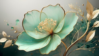 Close up of flowers with translucent petals in green and gold color. vector illustration.