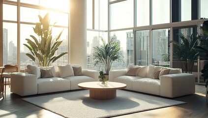 Modern Apartment Living Room with City View and Sunlight