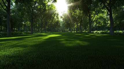 Fototapeta premium Sunlight filtering through forest trees on grassy meadow