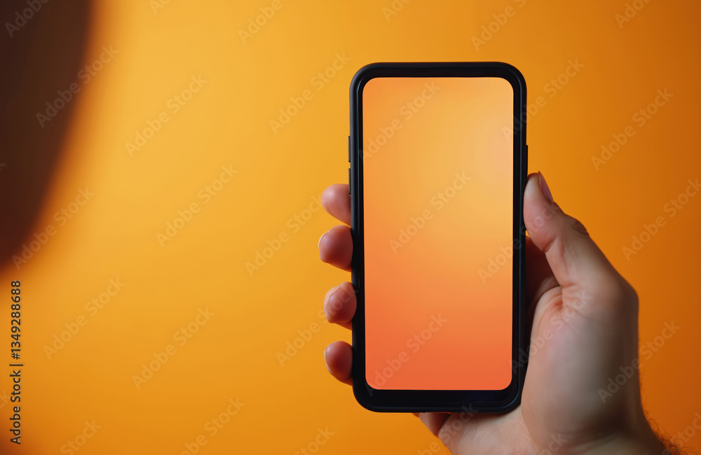 Poster hand holding smartphone empty screen on orange background. mobile phone with blank display for app, 