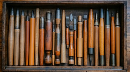 Wooden Artist's Tools in a Rectangular Tray