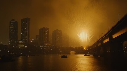 Obraz premium Cityscape at Night Illuminated by Dazzling Fireworks Display Over the Water