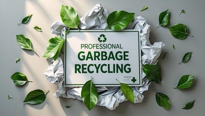 Ecological message emphasizing professional garbage recycling with leaves on crumpled paper background.