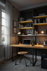 Modern home office with warm lighting