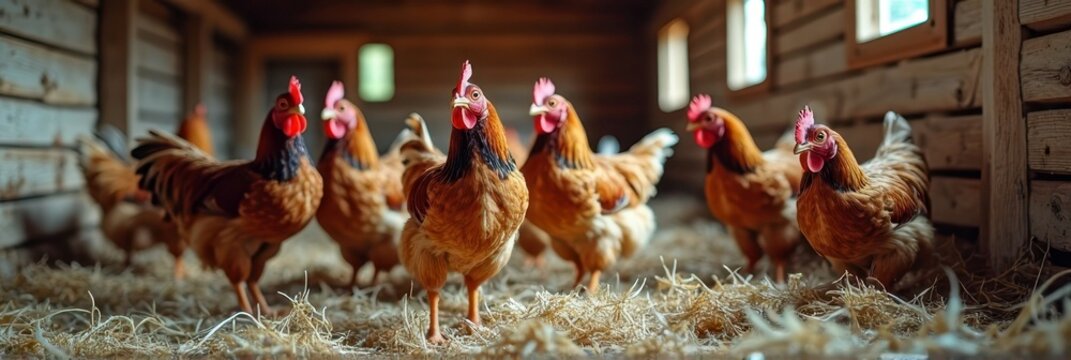 Group of free-range chickens in sunlit barn with straw flooring