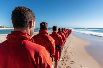 A line of lifeguards dressed in bright red suits are walking in formation along the sandy beach, emphasizing safety and teamwork in the beach environment.