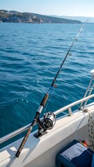 A fishing rod and reel on the side of a boat. with a blue sea in the background
