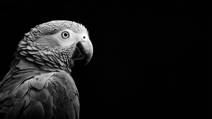 Fototapeta premium Realistic African Grey Parrot sitting calmly, intelligent gaze, smooth grey feathers, filmed in high detail for compositing
