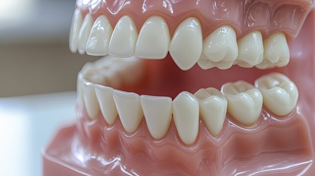 A close-up of a dental model, showing the surface of teeth for learning proper brushing techniques and oral hygiene practices.