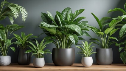 A beautiful arrangement of various indoor plants in stylish pots, showcasing vibrant greenery against a muted backdrop.