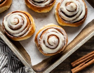 Fluffy Cinnamon Rolls with Cream Cheese Glaze Shot Overhead on Baking Tray in Warm Morning Bakery Glow