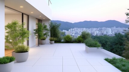 Modern terrace overlooking city and mountains