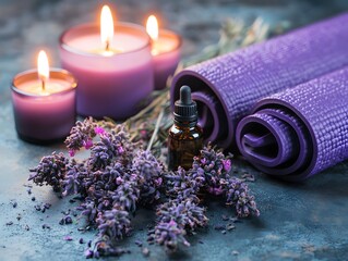 Relaxing Lavender Spa Scene: Candles, Yoga Mat, Essential Oil