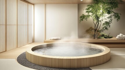 A round Japanese soaking tub filled with steaming water in a Zen-inspired space