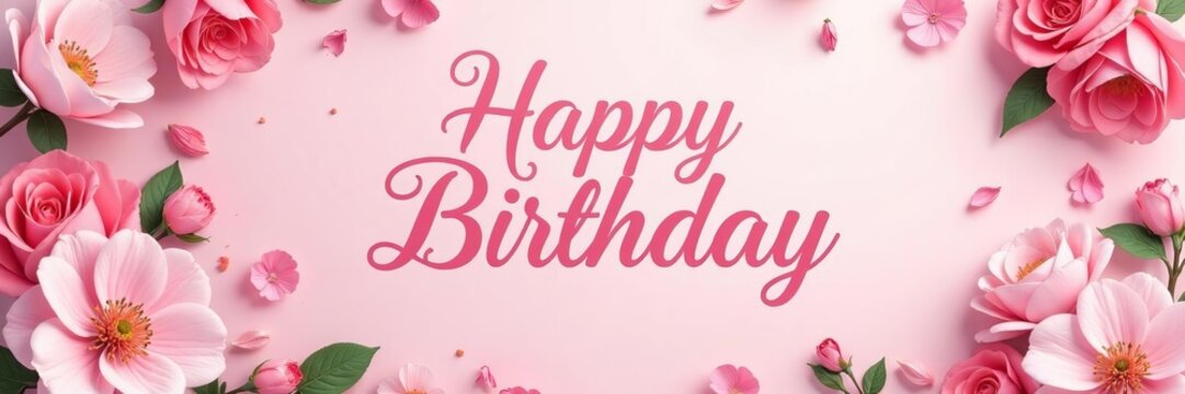 Pastel pink birthday card with intricate calligraphy and floral design, decorative, calligraphic