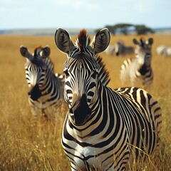 Fototapeta premium Zebras grazing savanna grassland Africa wildlife