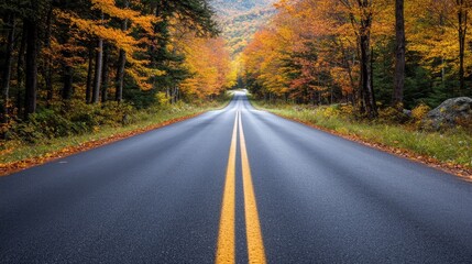 Fototapeta premium A rural two-lane asphalt road surrounded by autumn trees with vibrant foliage