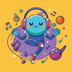 Naklejka premium Groovy Character Dancing to Music with Headphones and Cosmic Vibes