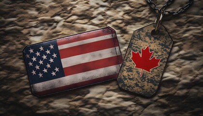 Army dog tag featuring the national flags of Canada and the United States on a khaki-textured background, representing a military theme.