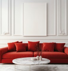 Fototapeta premium Red Velvet Sofa in Classic White Room with Ornate Molding and Empty Frame
