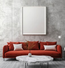 Modern Minimalist Living Room with Burnt Orange Sofa and Marble Coffee Table