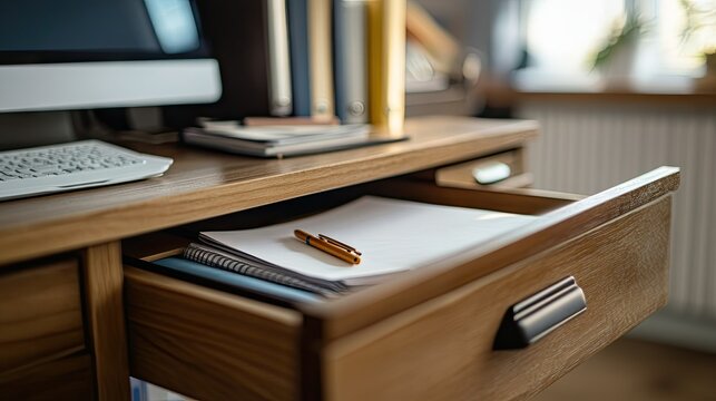A wooden office table with a drawer open just enough to reveal a stack of important documents and a notebook, highlighting an organized space.