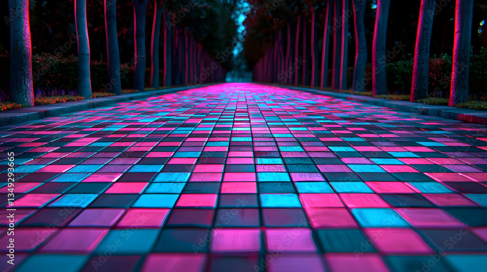 Poster symmetrical pathway through trees illuminated with pink and blue geometric tile pattern
